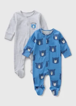 2 Pack Baby Blue Bear Sleepsuits