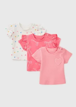3 Pack Baby Pink Heart Bow T-Shirts (Newborn-23mths)