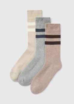 3 Pack Beige Stripe Cushioned Socks