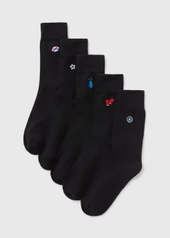 5 Pack Black Embroidery Sport Socks