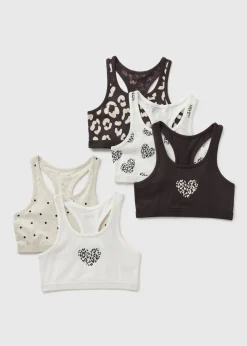 5 Pack Black Mono Leopard Racer Crop Tops (6-13yrs)