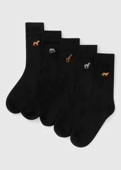 5 Pack Black Safari Embroidered Socks