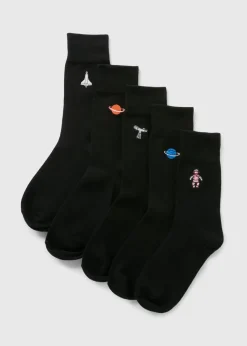 5 Pack Black Space Embroidery Socks