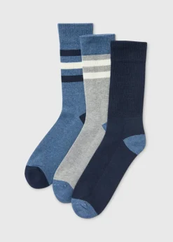 3 Pack Blue Stripe Cushioned Socks