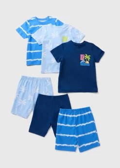3 Pack Boys Blue Palm Top & Shorts Set (7-13yrs)