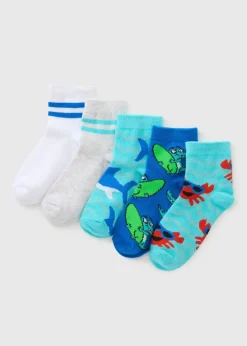 5 Pack Boys Blue Shark Socks (Younger 6-Older 6.5)