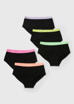 5 Pack Girls Black Neon Tape Hipster Briefs (6-13yrs)