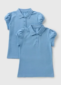 2 Pack Girls Light Blue Scallop Collar School Polo Shirts (3-13yrs)