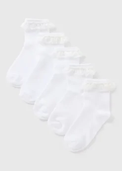 5 Pack Girls White Frill Ankle Socks (Younger 6-Older 6.5)