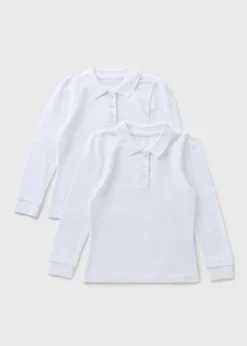 2 Pack Girls White Long Sleeve Polo Shirt (3-13yrs)
