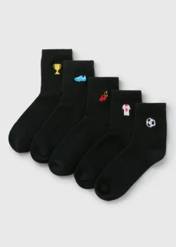 5 Pack Kids Black Football Embroidered Socks (Younger 6-Older 6.5)