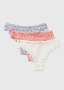 3 Pack Multi Coloured Lace Trim Brazilian Knickers
