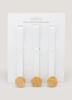 3 Pack White Metal & Bamboo Hooks (12cm x 3.5cm x 3cm)