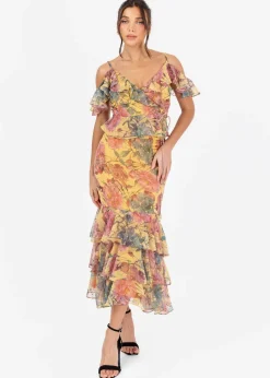 Anaya With Love Yellow Floral Print Ruffled Midi Skirt
