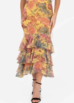 Anaya With Love Yellow Floral Print Ruffled Midi Skirt