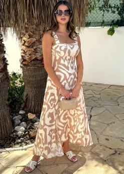 AX Paris Beige Abstract Print Shirred Straps Button Detail Midi Dress