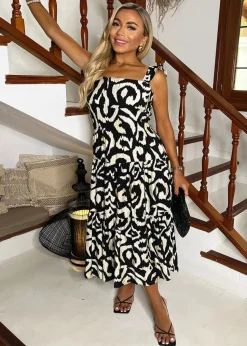 AX Paris Black & Cream Abstract Print Frill Strap Midi Dress