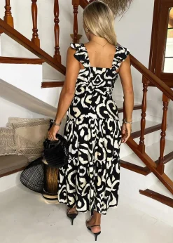 AX Paris Black & Cream Abstract Print Frill Strap Midi Dress
