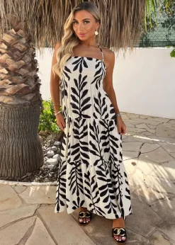 AX Paris Black & White Leaf Print Tie Neck Shirred Top Smock Midi Dress