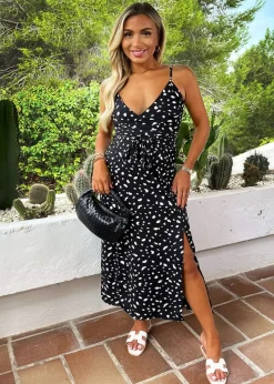 AX Paris Black & White Spot Printed Strappy Wrap Top Tie Waist Midi Dress