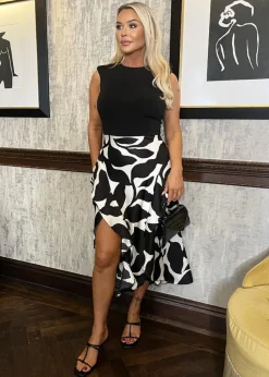 AX Paris Black & White Leaf Print 2 In 1 Double Frill Split Midi Dress