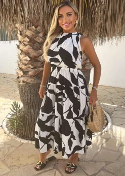 AX Paris Black & White Leaf Print Sleeveless Tiered Smock Midi Dress