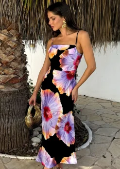 AX Paris Black And Lilac Floral Print Strappy Slip Midi Dress