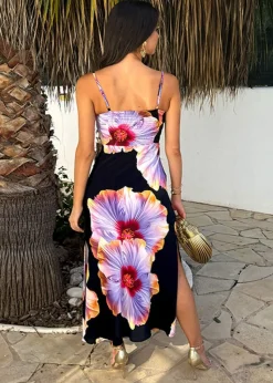 AX Paris Black And Lilac Floral Print Strappy Slip Midi Dress