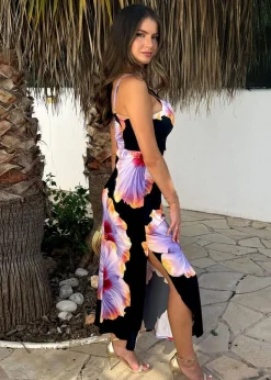 AX Paris Black And Lilac Floral Print Strappy Slip Midi Dress