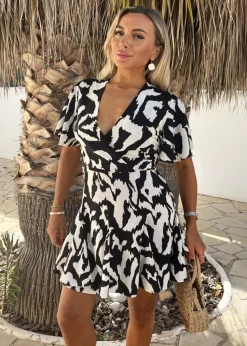 AX Paris Black And White Abstract Print Wrap Top Skater Mini Dress