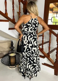 AX Paris Black And White Abstract Print Racer Neck Frill Hem Midi Dress