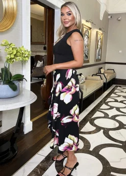 AX Paris Black Floral Print 2 In 1 Double Frill Split Midi Dress