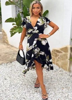 AX Paris Black Floral Print Frill Hem Wrap Midi Dress