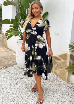 AX Paris Black Floral Print Frill Hem Wrap Midi Dress