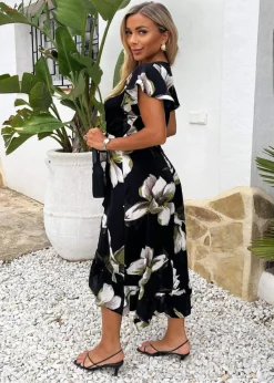 AX Paris Black Floral Print Frill Hem Wrap Midi Dress