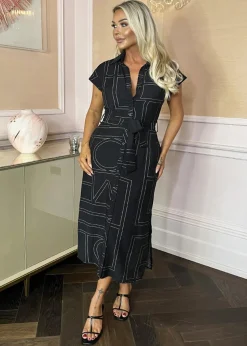 AX Paris Black Geometric Print Tie Waist Shirt Midi Dress