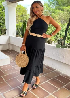AX Paris Black Halterneck Straw Belt Tiered Midi Dress