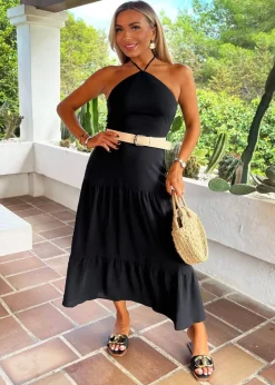 AX Paris Black Halterneck Straw Belt Tiered Midi Dress