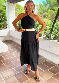 AX Paris Black Halterneck Straw Belt Tiered Midi Dress