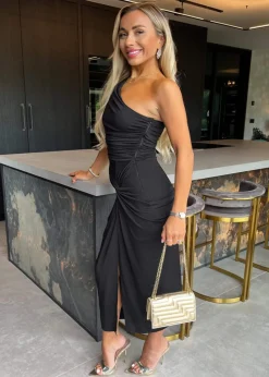 AX Paris Black One Shoulder Knot Skirt Midi Dress