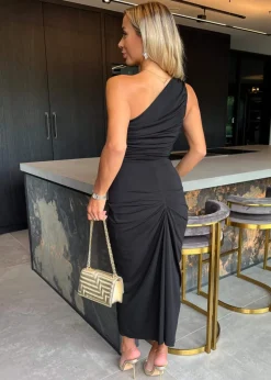 AX Paris Black One Shoulder Knot Skirt Midi Dress