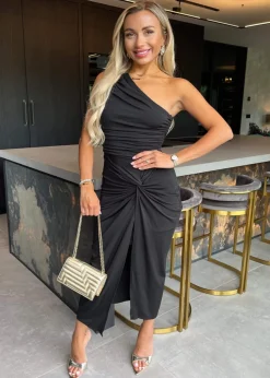 AX Paris Black One Shoulder Knot Skirt Midi Dress