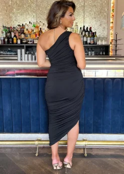 AX Paris Black One Shoulder Asymmetric Hem Ruched Midi Dress