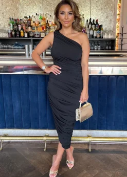 AX Paris Black One Shoulder Asymmetric Hem Ruched Midi Dress