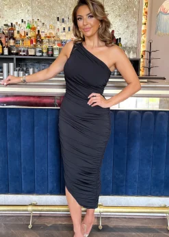 AX Paris Black One Shoulder Asymmetric Hem Ruched Midi Dress