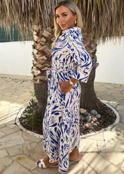 AX Paris Blue Brush Stroke Print 3/4 Sleeve Shirt Midi Dress