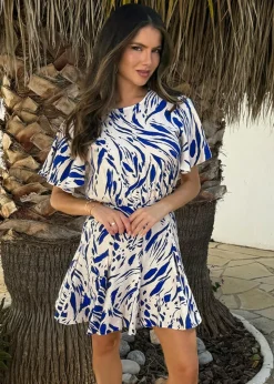 AX Paris Blue Brush Stroke Print Butterfly Sleeve Skater Mini Dress