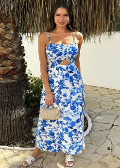 AX Paris Blue Floral Print Strappy Cut Out Midi Dress