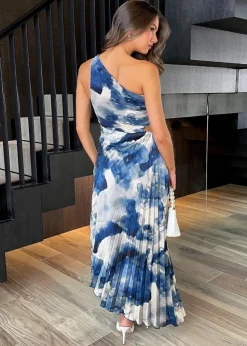 AX Paris Blue Marble Print One Shoulder Cut Out Pleated Midi Dress
