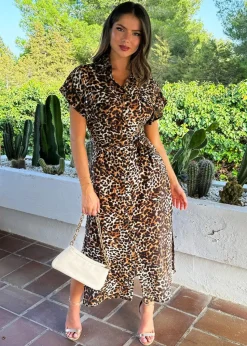 AX Paris Brown Cheetah Print Short Sleeve Midi Shirt Dress
